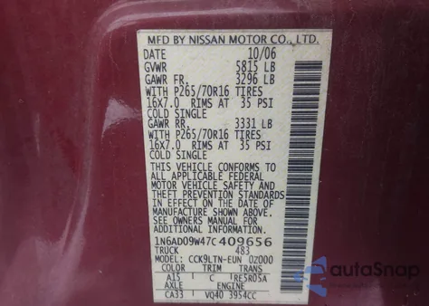 2007 Nissan Frontier Se z USA, uszkodzony, nr VIN 1N6AD09W47C409656